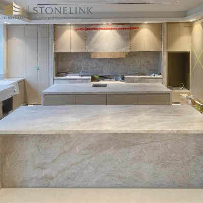 Madre Perola beige quartzite kitchen island