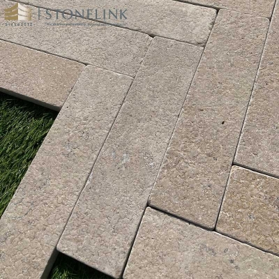 Acid tumbled beige limestone pavers