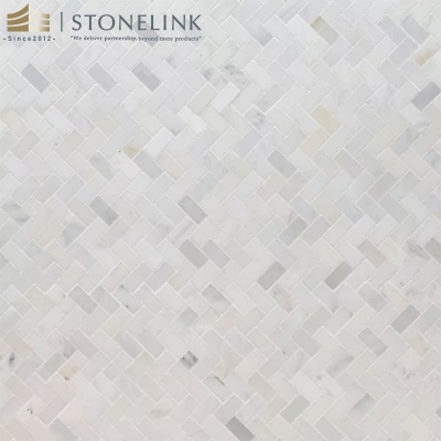 Arabescato Carrara herringbone honed marble mosaic
